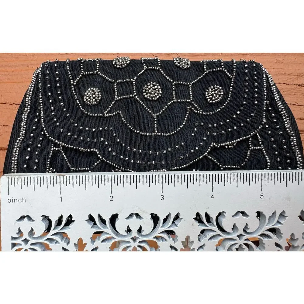 Vintage art deco beaded Black Silver flapper style clutch belt bag handmade 20s